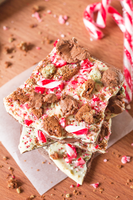 With layers of milk and white chocolate covered in crushed candy canes, mint chocolate biscuits and Lindor truffles, this bark is easy and tastes great!