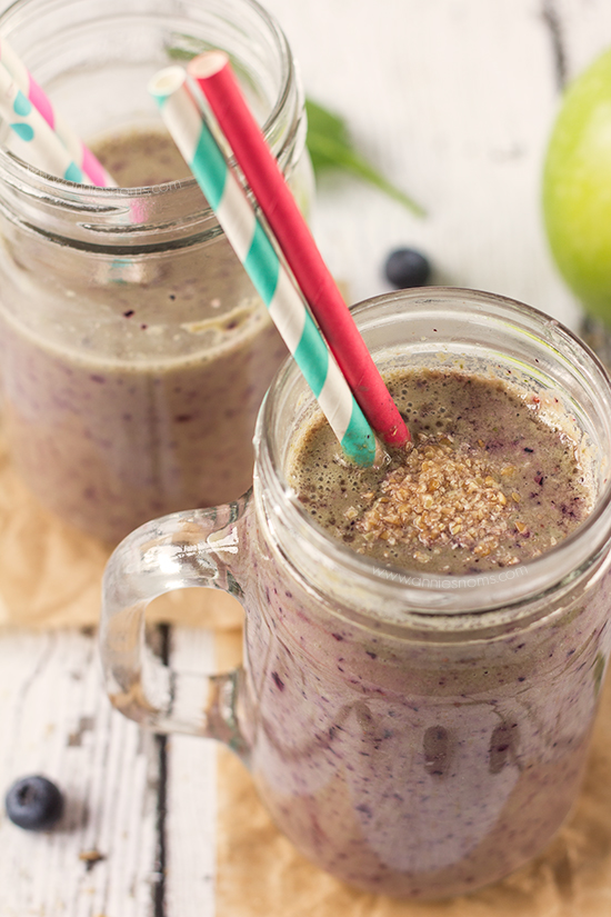 A super food smoothie packed with apple and blueberry along with spinach and a little flax. Energy boosting and filling, this is the perfect smoothie to start your day off right!