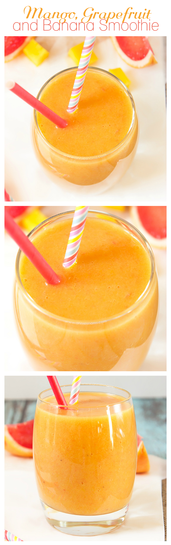 This Mango, Grapefruit and Banana Smoothie marries the strong, tart flavours of grapefruit with the soft, creamy taste of banana and tropical, sweet mango. Filling, fruity and just perfect to inject some sunshine into your day!