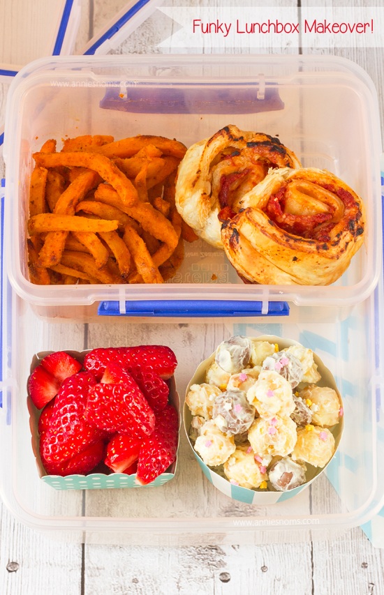 Make lunch interesting by making my puff pastry pizza wheels, sweet potato fries, chocolate popcorn mix and heart shaped strawberries. Easy to make ahead of time, filling, delicious and interesting to look at - the perfect lunch makeover! #Ad