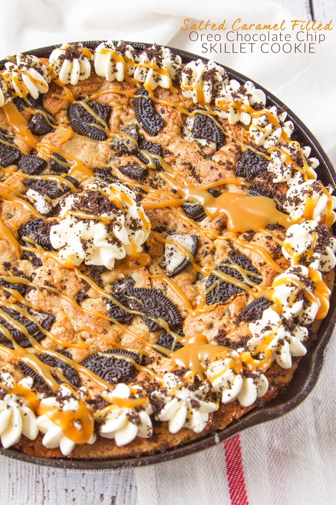 Oreo and chocolate chip stuffed cookie dough with an oozing middle of salted caramel sauce and a topping of more cookie dough and Oreo's. Bake it up and you will have a gooey, golden, rich, sweet and salty dessert which tastes like pure heaven.