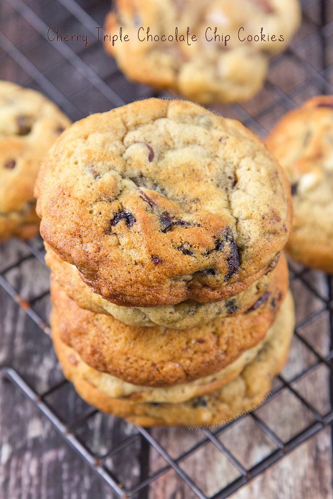 These Cherry Triple Chocolate Chip Cookies are packed with white, milk AND dark chocolate chips and also have gorgeous, juicy Morello cherries in