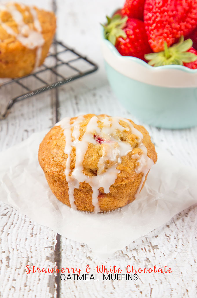 Fresh, juicy strawberries, chunks of white chocolate and oats make these Strawberry and White Chocolate Oatmeal Muffins hearty, full of flavour and just perfect for breakfast on the go!