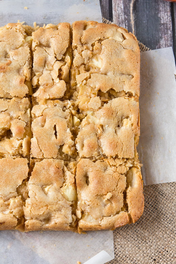 Soft, chewy Apple Blondies filled with spices and plenty of apple! Once baked, the apples get soft and tender and explode in your mouth. And with that typical flaky, crunchy topping you get on blondies, there's no better Autumnal blondie you could make!