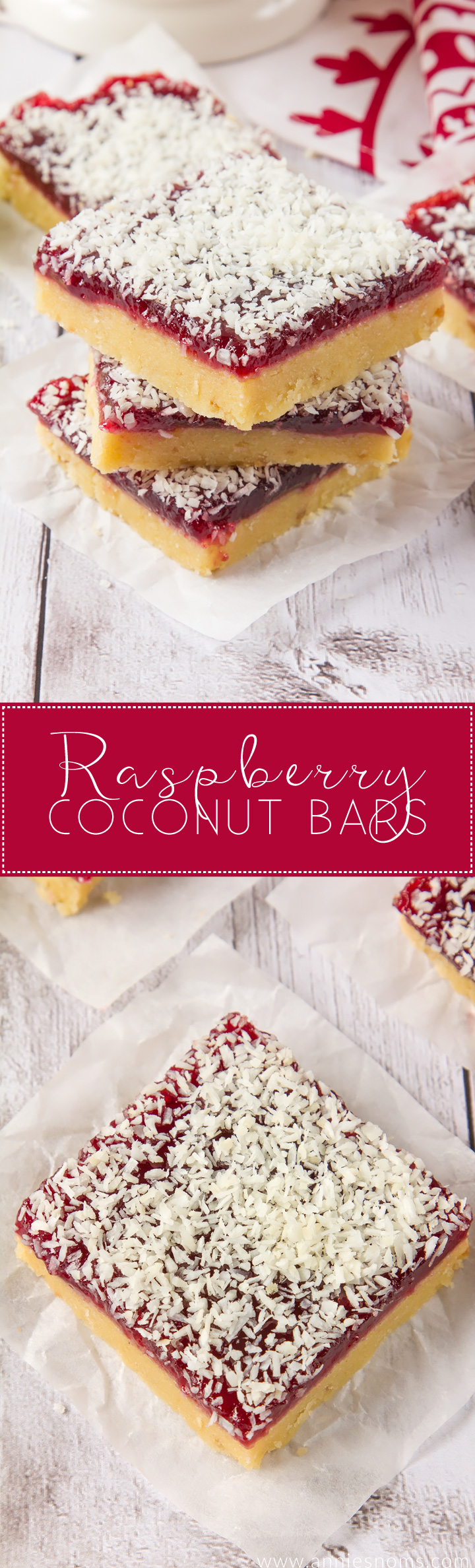 These Raspberry Coconut Bars are super simple to make and with their shortbread base, raspberry jam middle and dessicated coconut topping, they are a combination of sweet, crunchy and tart in one portable dessert!