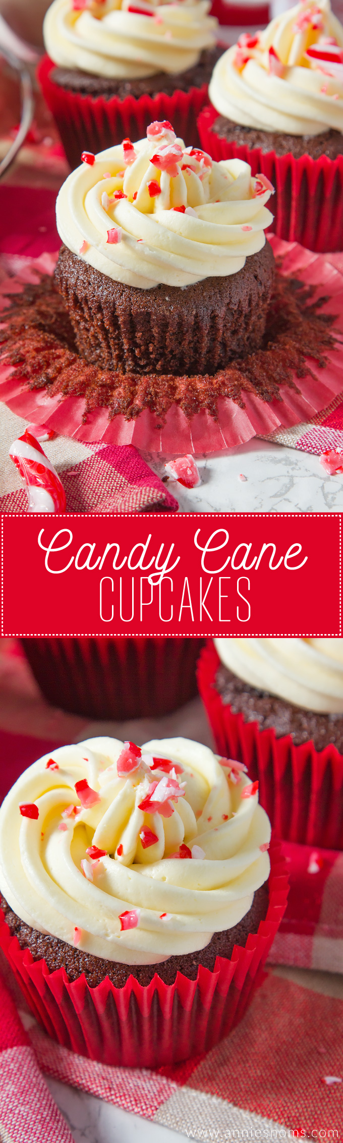 A soft, rich chocolate and peppermint cupcake is topped with smooth, peppermint frosting and finished off with crushed candy canes, creating a fun, festive cupcake!