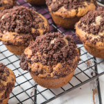 Hearty Chocolate Coffee Crumb Muffins filled with oozing chocolate, flecks of Espresso and topped with a cocoa crumb; scrumptious AND easy to make! #ad #fairtradefortnight