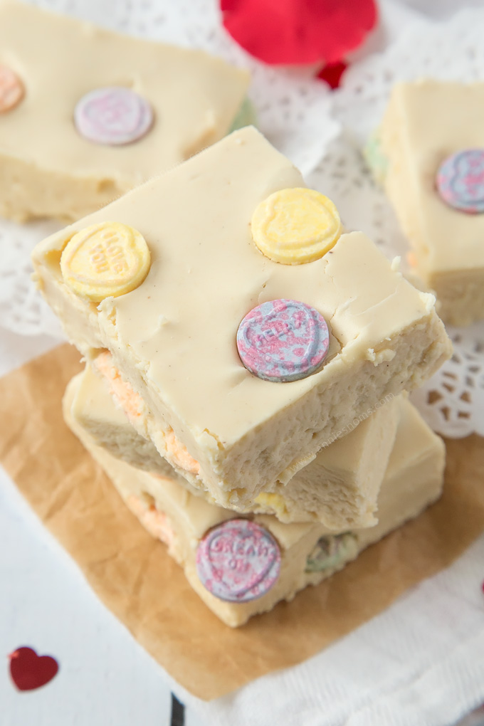 This Love Heart Fudge is velvety smooth, sweet, creamy and filled with lots of fizzy Love Heart sweets.