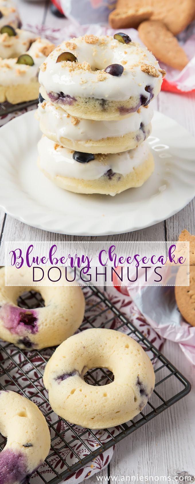 These Baked Blueberry Cheesecake Doughnuts are filled with juicy blueberries and topped with the most amazing cream cheese frosting and biscuit crumbs.