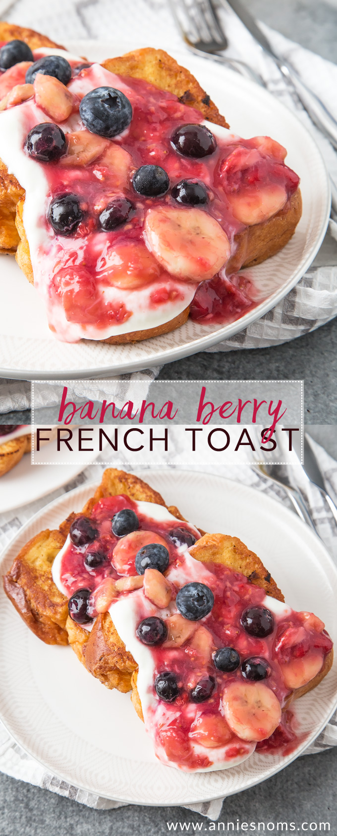 Golden French Toast is topped with a beautiful Banana Berry mixture that takes this breakfast to another level.