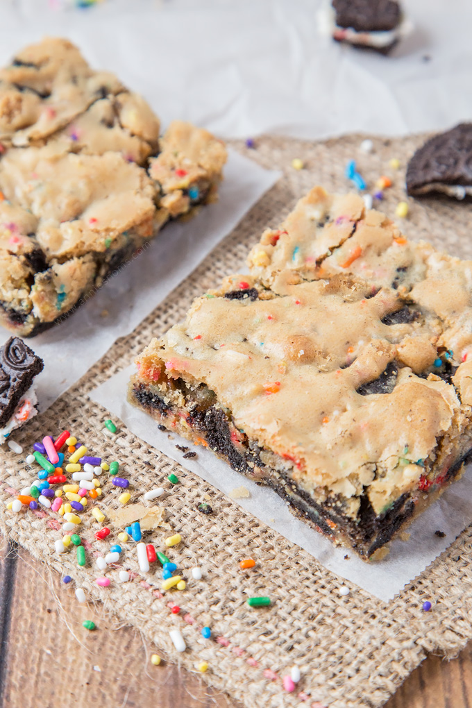 These chewy Birthday Cake Blondies are filled with chunks of Oreo cookie and Funfetti to make a fun new dessert to enjoy on your birthday!