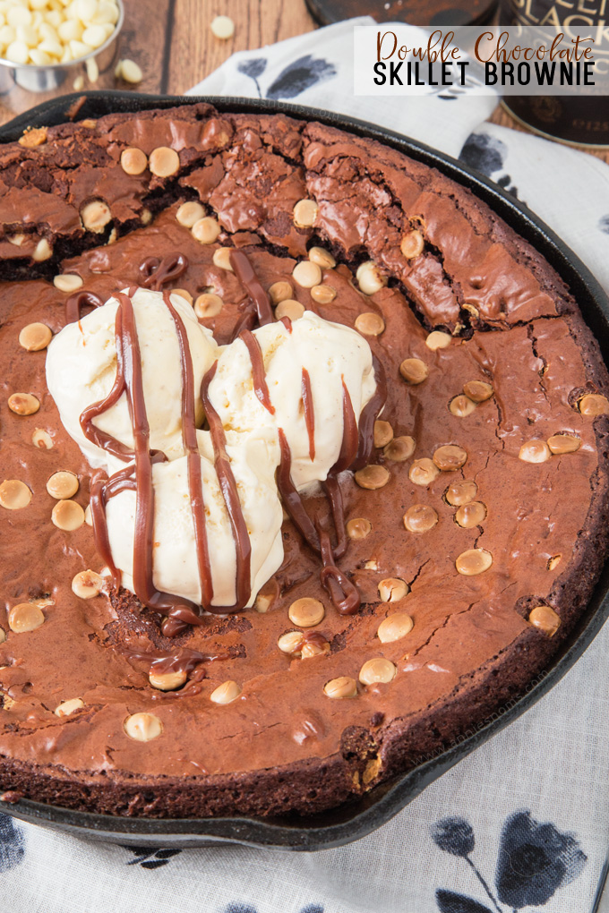 This chewy and decadent Double Chocolate Skillet Brownie is the stuff dreams are made of! Gooey, fudgy and packed with chocolate, it's heaven in every bite!