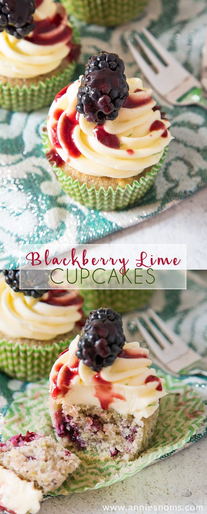 Soft, blackberry filled cupcakes with lime butter cream frosting and blackberry coulis. An explosion of flavour in every bite!