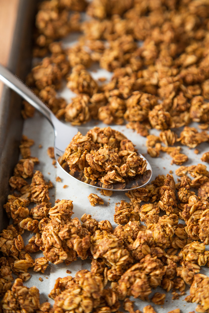 Your perfect base recipe for Pumpkin Spice Granola. Ready for whatever add ins you want, but also delicious on its own!