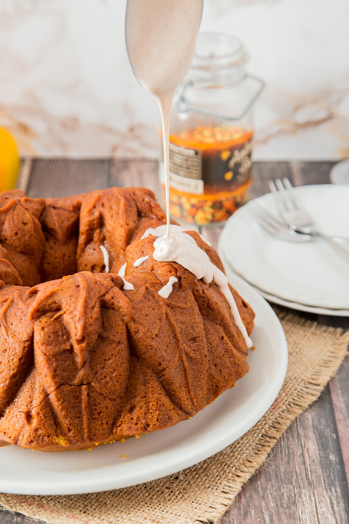 My Pumpkin Bundt Cake is soft, sweet and spicy. Filled with a whole can of pumpkin and topped with a creamy cinnamon cream cheese glaze, it’s sublime!
