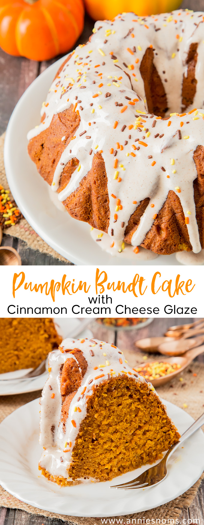 My Pumpkin Bundt Cake is soft, sweet and spicy. Filled with a whole can of pumpkin and topped with a creamy cinnamon cream cheese glaze, it’s sublime!