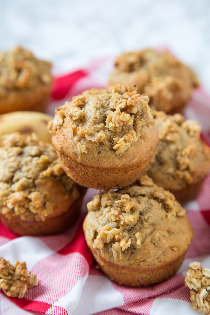 Super soft banana filled muffins with a crunchy streusel topping; these are one seriously delicious way to kick start your day!