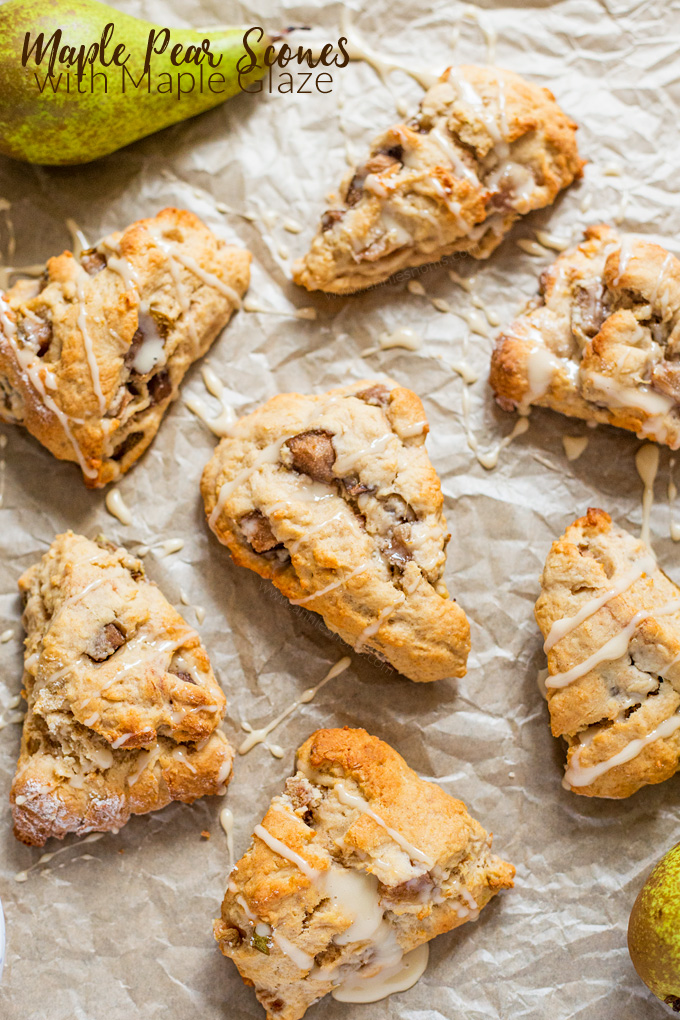 What could be better on a fresh Autumn morning than a freshly baked Maple Pear Scone? Full of fresh fruit, maple syrup and a little cinnamon, these are light, flaky and delicious!