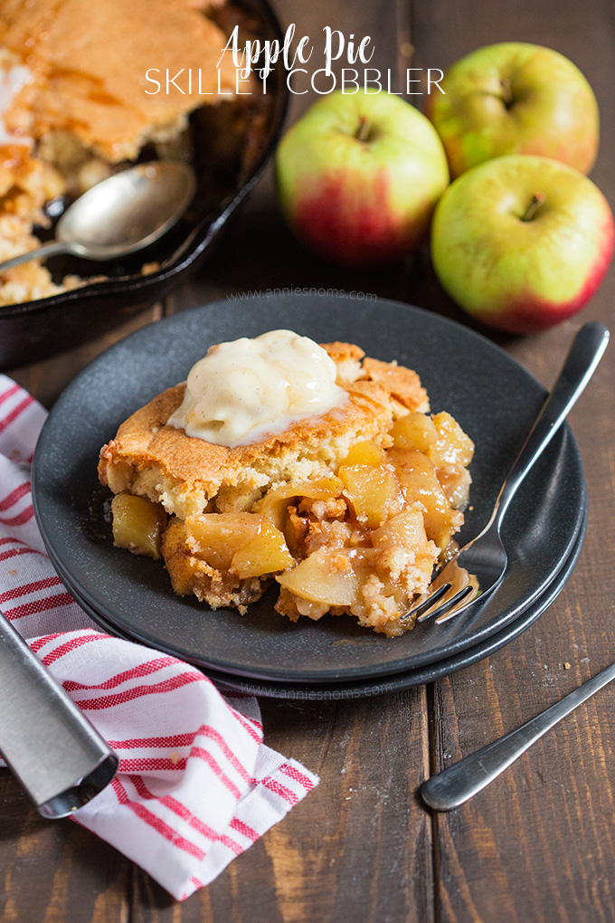 This Apple Pie Skillet Cobbler is a hybrid of two fantastic desserts! An apple pie filling is baked in a skillet with a crumbly cobbler topping to create one seriously epic and tasty dessert!