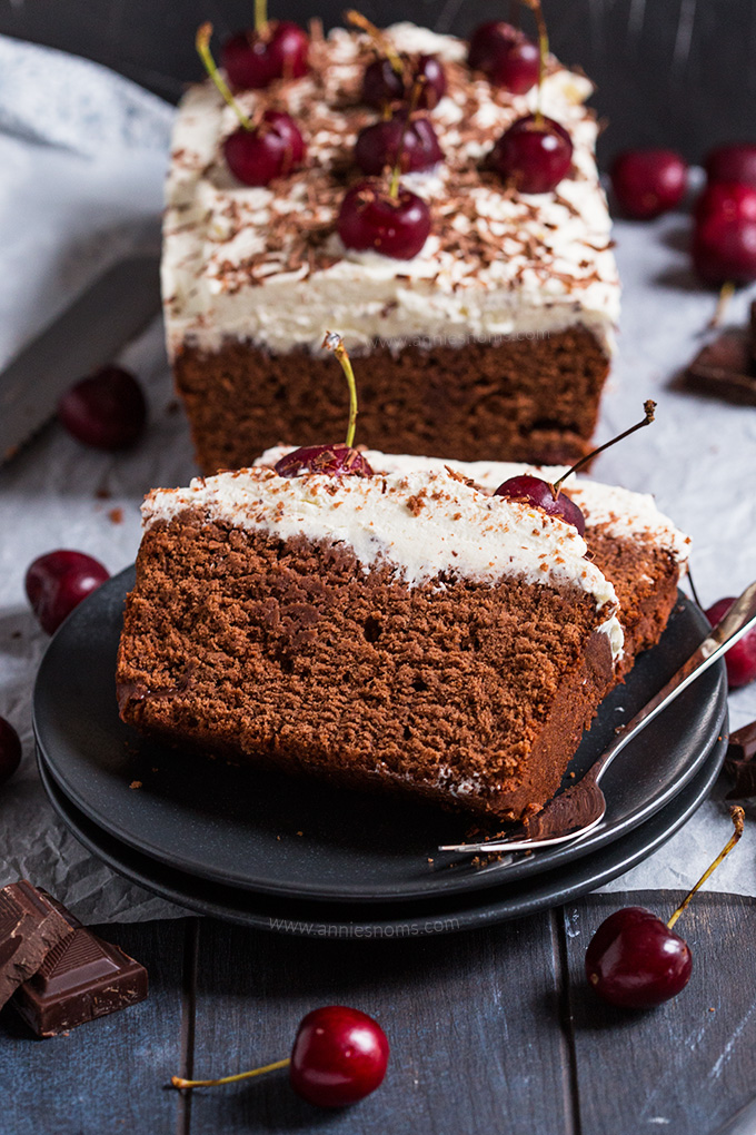 This Black Forest Loaf Cake can be made with or without alcohol and makes the perfect centrepiece for your holiday table! A rich chocolate cake with cherries and cream, it's easy to make and delicious!