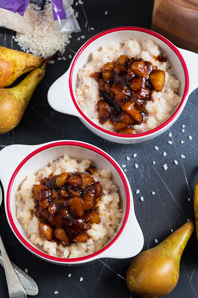 This creamy baked rice pudding is topped with a homemade spiced pear compote to create one seriously tasty, throw it all together dessert!