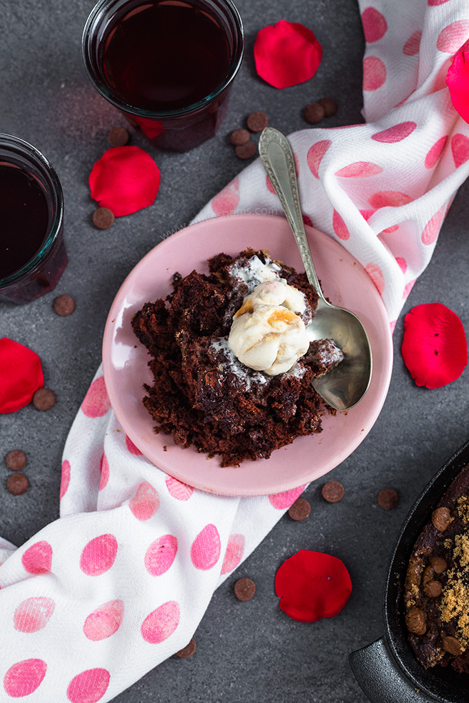A rich and gooey Baked Chocolate Pudding sized down for you and a loved one. It's easy, quick to make and perfect for a last minute Valentine's dessert!