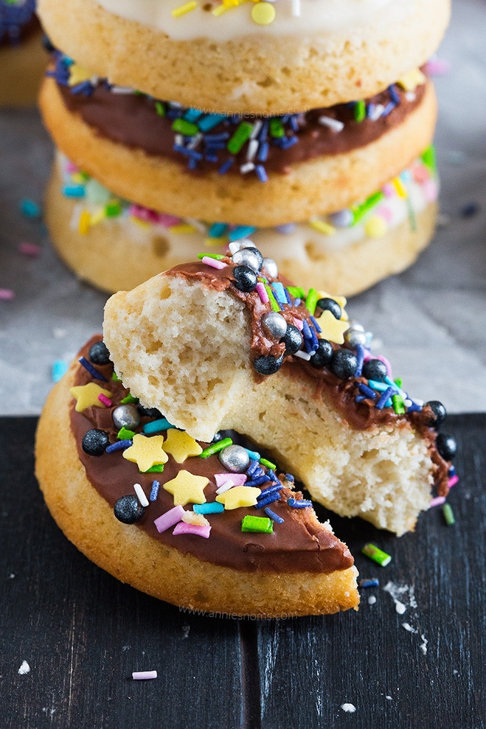 These baked doughnuts require only cake mix and three other ingredients to make! They're light and fluffy and you can dip in any flavour glaze you like!