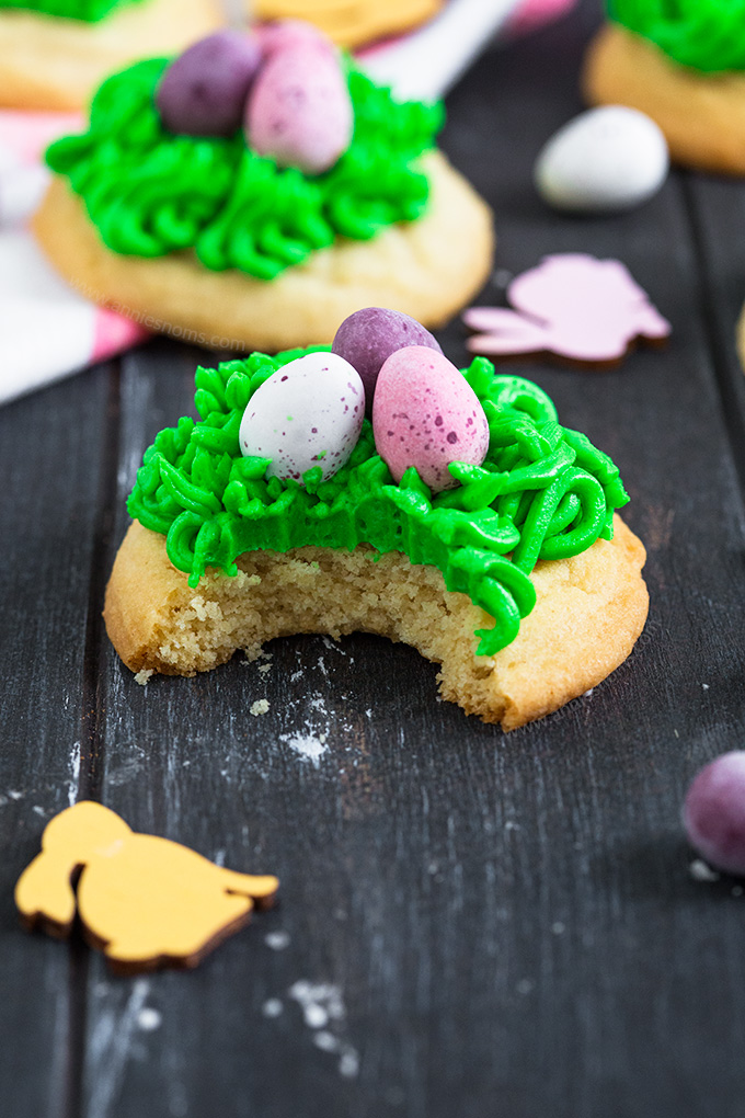 These drop sugar cookies are quick to make and decorated with buttercream and mini eggs to make them look like nests. Fun for kids and adults alike this Easter!
