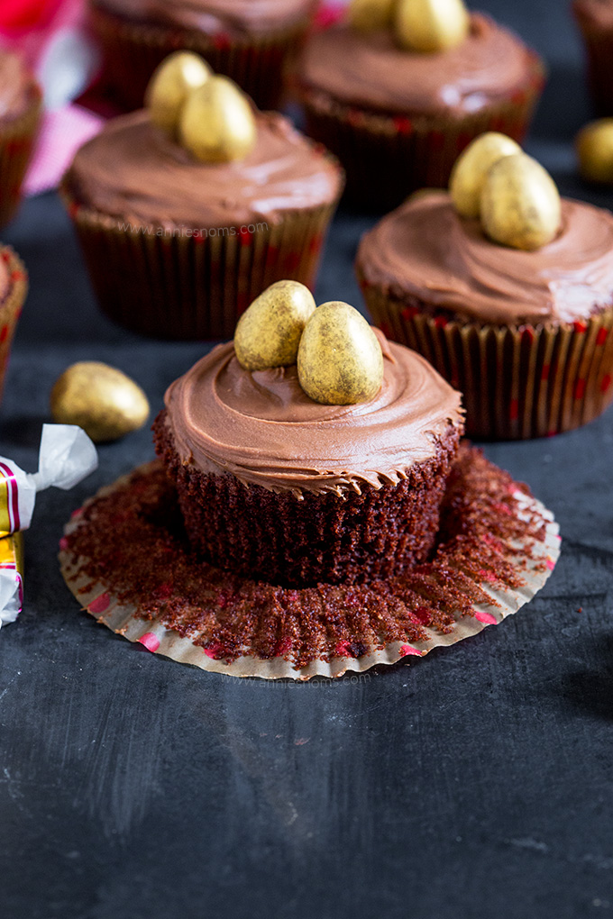 These Galaxy Golden Egg Cupcakes marry together a chocolate and caramel cupcake, chocolate frosting and crisp Galaxy Golden Eggs to create a seriously delicious cupcake!