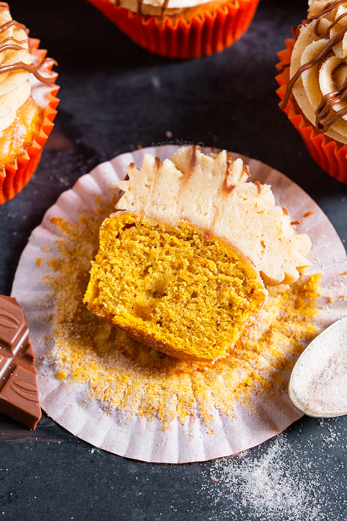 A soft spiced cupcake, cinnamon sugar top, cinnamon frosting and a drizzle of melted chocolate make these Pumpkin Churro Cupcakes irresistible and perfect for Autumn!