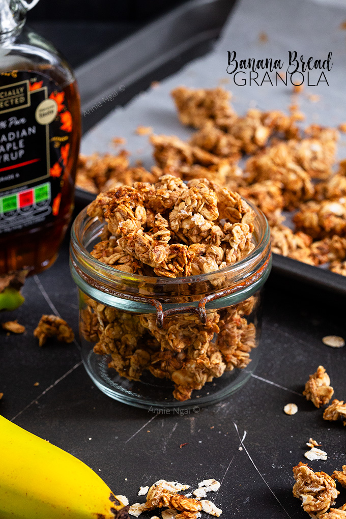 This Banana Bread Granola is the perfect thing to make when you need to use up over ripe bananas. It's also nut and sugar free, but still delicious!