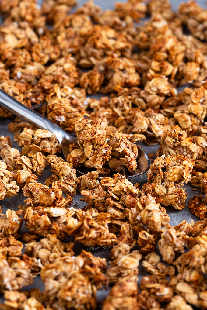 This Banana Bread Granola is the perfect thing to make when you need to use up over ripe bananas. It's also nut and sugar free, but still delicious!