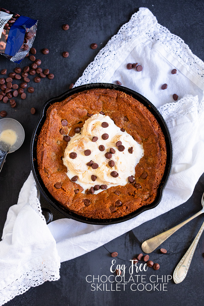 This Chocolate Chip Skillet Cookie is egg free, yet is still as chewy and soft as a traditional cookie. Grab a spoon and dig right into this divine cookie; I promise you won't miss the eggs!