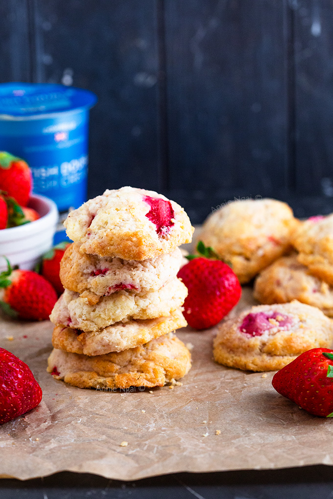 These Strawberry Shortcake Cookies are a hybrid between a shortcake and cookie. Made with cream, sugar and fresh strawberries, these are simple, quick to make and satisfying!
