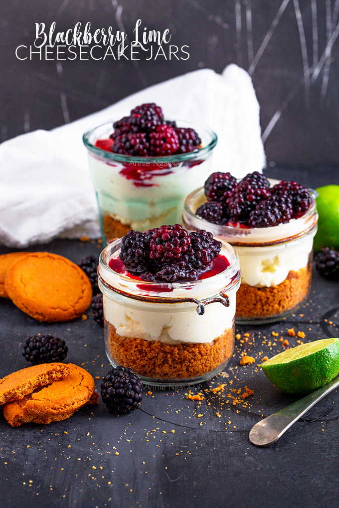 These Blackberry Lime Cheesecake Jars are no bake and quick to make. Gingernut biscuits make the base along with a mascarpone cheesecake filling. All finished off wih glossy blackberries.