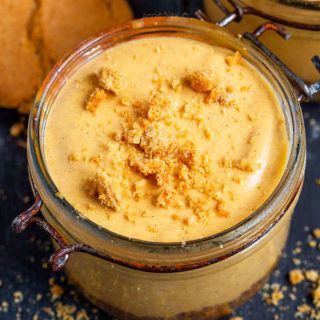 These Pumpkin Cheesecake Jars are no bake, dairy free and ready in minutes! With a gingernut base and spiced pumpkin topping, these are the perfect Autumn dessert!