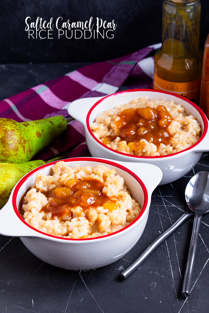 This Salted Caramel Pear Rice Pudding is the perfect marriage between salty sweet pears and creamy, dairy free rice pudding. Plus it's SO easy to make!