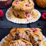 These light and fluffy Raspberry Dark Chocolate muffins are delicious and vegan! Jam packed with dark chocolate and fresh raspberries, they're easy to make and great on the go!