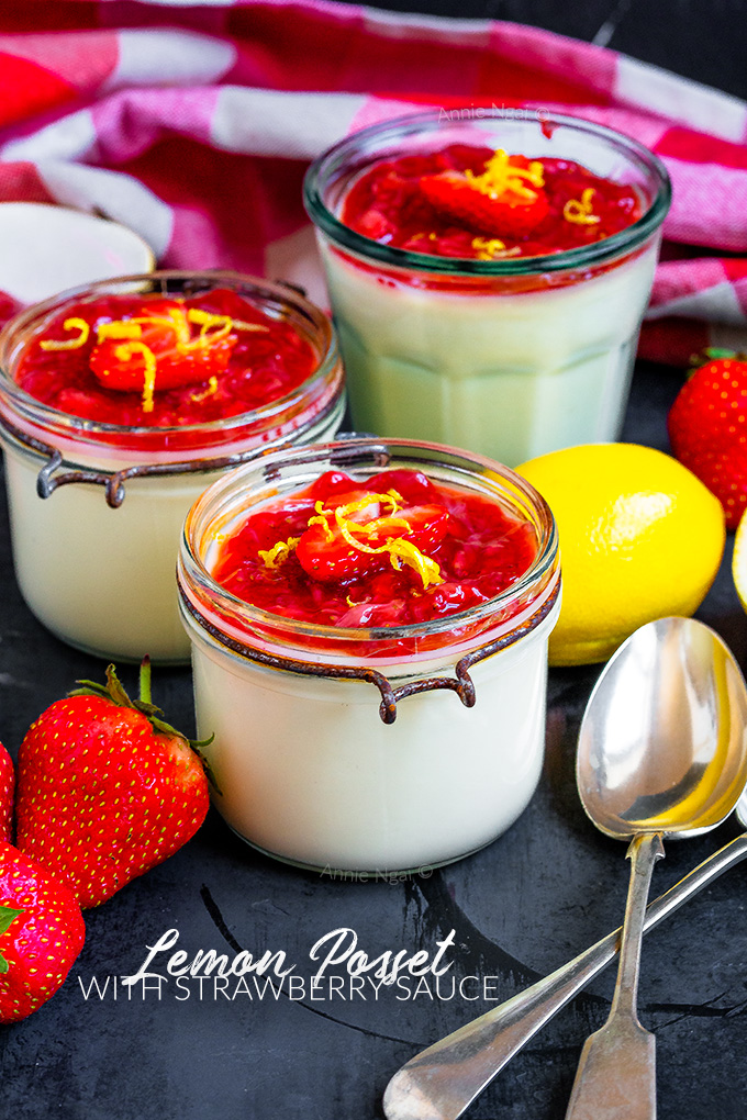 This Lemon Posset with Strawberry Sauce is the perfect easy to make Summer dessert! Light, full of flavour and topped with a homemade sauce, this will become a staple dessert!