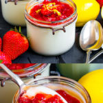 This Lemon Posset with Strawberry Sauce is the perfect easy to make Summer dessert! Light, full of flavour and topped with a homemade sauce, this will become a staple dessert!