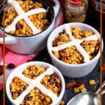 This Hot Cross Bun Baked Oatmeal is creamy, full of flavour and vegan! Either bake it in individual sized ramekins or bake a big batch; it couldn't be easier to whip this delicious, Easter treat up.
