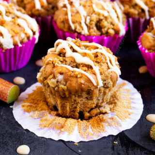 These Rhubarb and White Chocolate Muffins are topped with a buttery, oat streusel and baked until golden. Tart rhubarb with sweet white chocolate, they are a match made in flavour heaven!